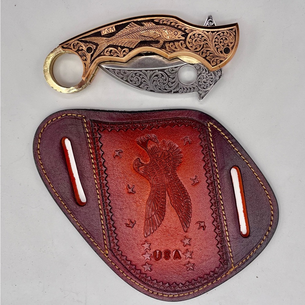 Rare ! Hand engraved copper and steel nautical fishing tool, " Bluefish USA "